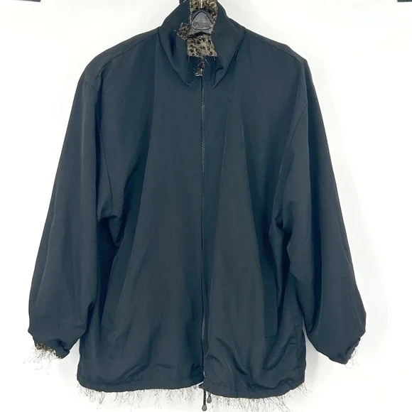 Wms Reversible Leopard Faux Fur Black Jacket Size L Textured Mob Wife Aesthetic - Picture 3 of 9